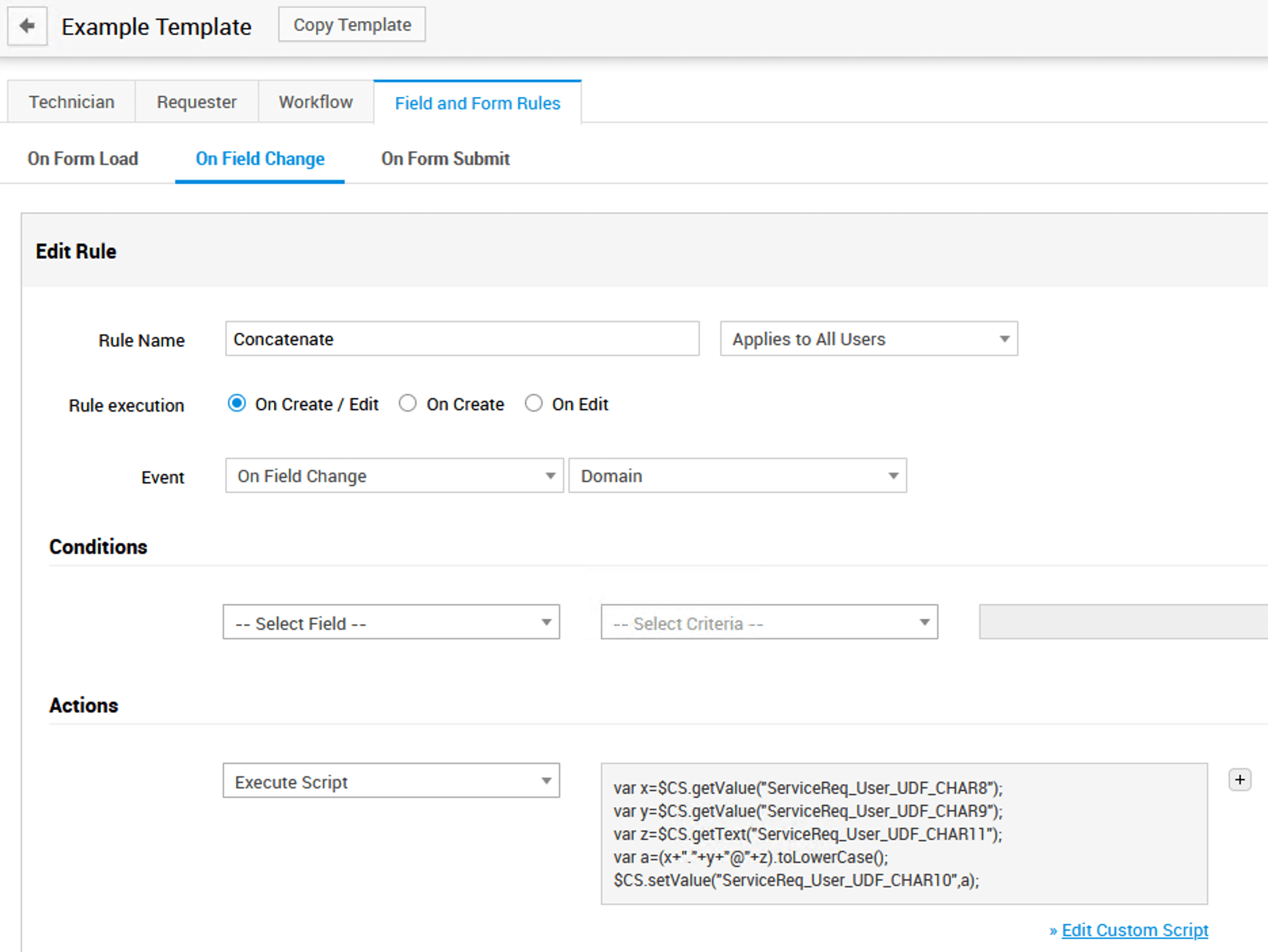 Concatenar campos en ServiceDesk Plus - Concatenate fields in ServiceDesk Plus