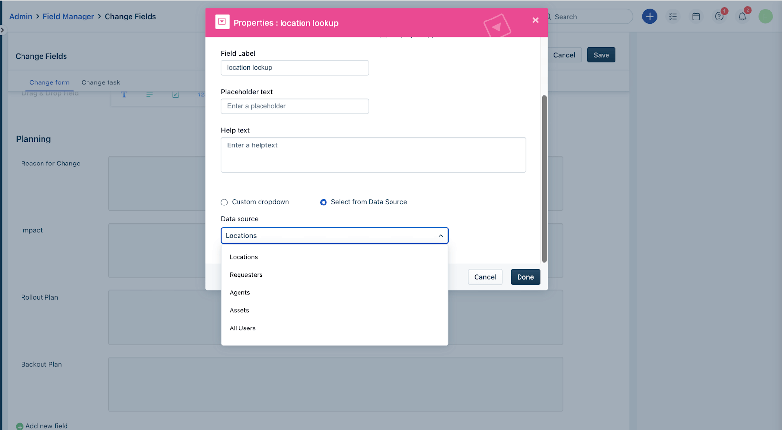 Freshservice Lookup fields for Change Forms