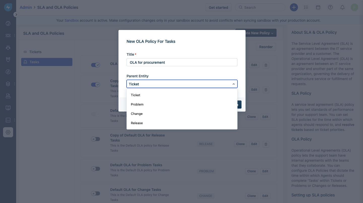 Freshservice OLA Policies - Politicas de OLA